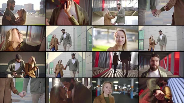 collage of many videos. a couple walking around the city, standing on the street. large and medium-sized plans,