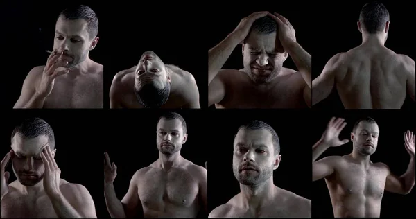 collage of several videos on a dark background. a man in white makeup and with a naked torso smokes, grimaces, shows different emotions,