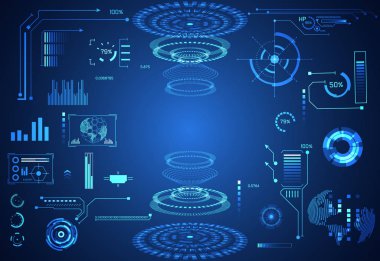 Dijital veri grafiği, iletişim, bilgi işlem ve daire yüzde canlılık yenilik teknoloji UI fütüristik konsept hud arabirimi hologram öğeleri üzerinde Merhaba tech gelecekteki tasarım arka plan soyut