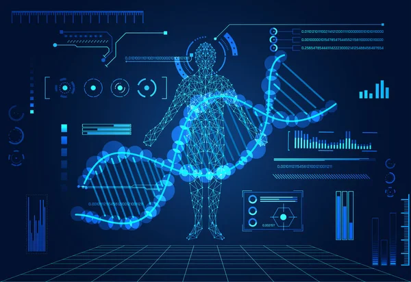 teknoloji UI futuristik konsepti insan dijital DNA'sı sağlık dijital veri grafiği, iletişim, yenilik hud arabirimi hologram unsurların üzerinde Merhaba tech gelecekteki tasarım arka plan soyut