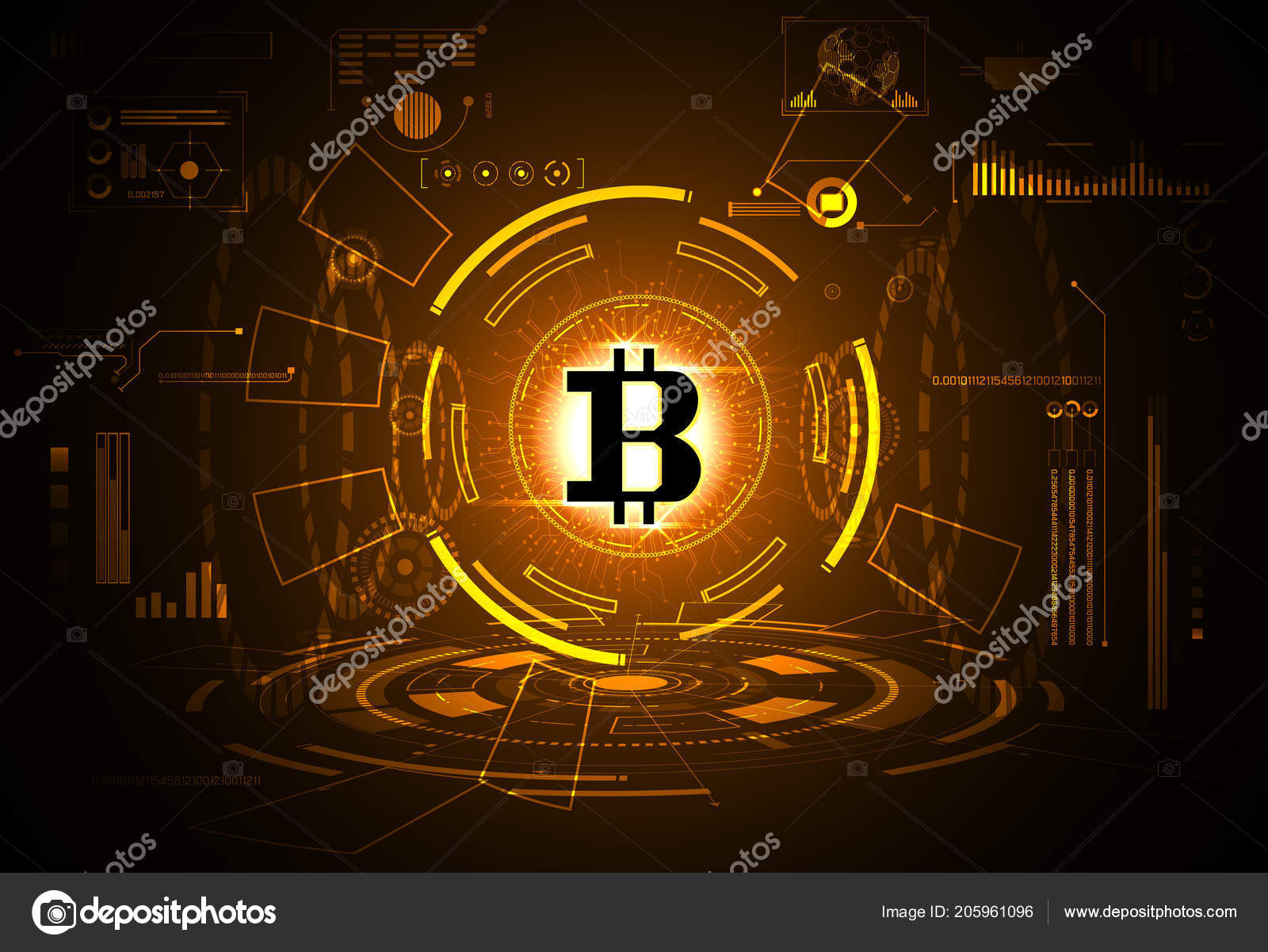 抽象技术数字货币用户界面未来的概念金色比特币数字货币接口全息图元素数字数据图表矢量插图图库矢量图©Texvector 205961096