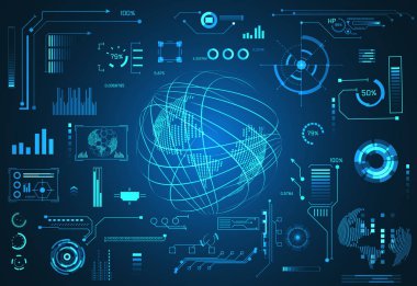 soyut teknoloji UI Fütüristik Konsept dünya hud arabirimi hologram öğeleri dijital veri grafiği, iletişim, bilgisayar, yüzde canlılık yenilik üzerinde Merhaba tech gelecekteki tasarım arka plan daire