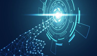 Mavi bir daire içinde parmak işaret etti Soyut El tel kafes dijital teknoloji kavramı üzerinde Merhaba tech gelecekteki mavi beyaz arka plan ışık. Şablon, web tasarımı veya sunum için.