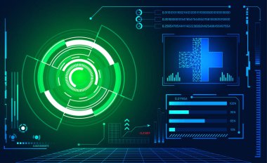 Dijital veri grafiği, iletişim, bilgi işlem ve daire yüzde canlılık yenilik teknoloji UI fütüristik konsept hud arabirimi hologram öğeleri üzerinde Merhaba tech gelecekteki tasarım arka plan soyut