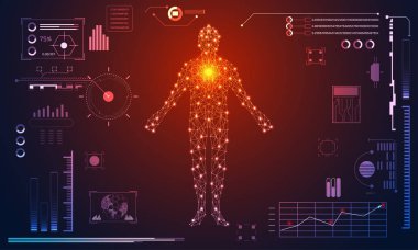 Dijital veri grafiği, iletişim, bilgisayar, insan vücudu dijital sağlık teknoloji UI fütüristik konsept hud arabirimi hologram öğeleri soyut; Sağlık gelecekteki tasarım üzerinde teknik arka plan Merhaba.
