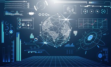 teknoloji UI Fütüristik Konsept Dünya Dijital hud arabirimi hologram öğeleri dijital veri grafiği, iletişim, daire yüzde canlılık yenilik üzerinde Merhaba tech gelecekteki tasarım arka plan soyut