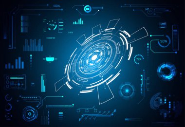 Dijital veri grafiği, iletişim, bilgi işlem ve daire yüzde canlılık yenilik teknoloji UI fütüristik konsept hud arabirimi hologram öğeleri üzerinde Merhaba tech gelecekteki tasarım arka plan soyut