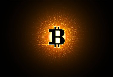 Teknoloji kavramı fütüristik para sayısal veri grafiği, iş, teknoloji, altın Bitcoin para birimi unsurlarının soyut Btc, üzerinde Merhaba tech altın karanlık background.vector illüstrasyon ağ