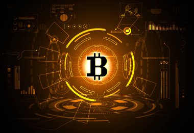 Teknoloji dijital para UI Fütüristik Konsept gelecek altın bitcoin dijital para arabirimi hologram öğeleri dijital veri grafiği, iletişim, teknoloji, network.vector illüstrasyon soyut