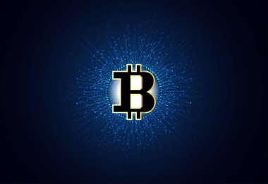 Teknoloji kavramı fütüristik para sayısal veri grafiği, iş, teknoloji, altın Bitcoin para birimi unsurlarının soyut Btc, üzerinde Merhaba tech mavi karanlık background.vector illüstrasyon ağ