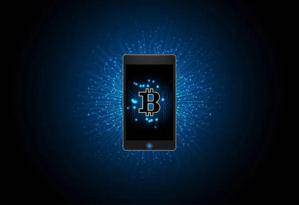 Streszczenie Technologia Koncepcja Futurystyczny Telefon Cyfrowy Pieniądze Złote Waluty Bitcoin — Wektor stockowy