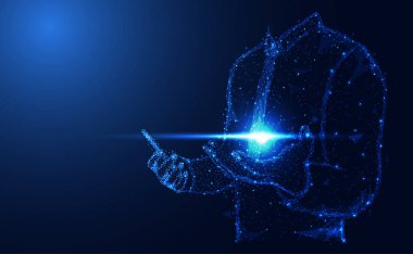 Soyut teknoloji hattı üçgen ve puan işadamı düşük poli bekle telefon el poligonal gelecek modern tel kafes içinde Merhaba tech gelecekteki mavi arka plan. Şablon, web tasarımı veya sunum için.