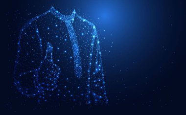 Soyut teknoloji hattı üçgen ve puan işadamı düşük poli el poligonal gelecek modern tel kafes üzerinde üzerinde Merhaba tech gelecekteki mavi arka plan yaşasın. Şablon, web tasarımı veya sunum için.