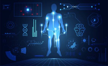 teknoloji UI fütüristik insan tıbbi hud arabirimi hologram öğeleri dijital veri grafiği, Dna, parmak izi, beyin daire canlılık yenilik üzerinde Merhaba tech gelecekteki tasarım arka plan bilgisayar soyut