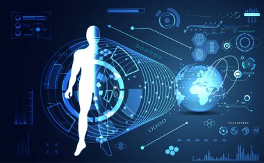 dijital veri grafiği, iletişim, bilgisayar, insan vücudu dijital sağlık teknoloji UI Fütüristik Konsept hud arabirimi hologram öğeleri soyut; Dünya gelecek tasarımı üzerinde teknik arka plan Merhaba.