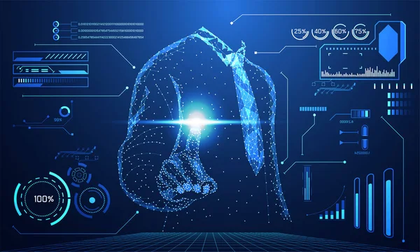 fütüristik sanal hologram iletişim sistemine bağlantı iş bağlantı üzerinde Merhaba tech mavi arka plan işaret soyut teknoloji kavramı satırı üçgen ve puan işadamı düşük poli parmak. Vektör 