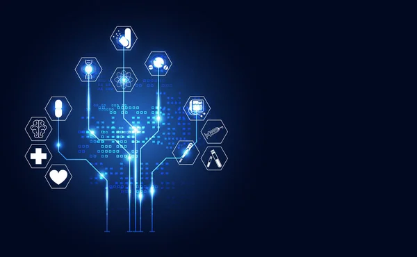 Teknoloji dijital sağlık tıbbi kavramı simge dijital sağlık sembol üzerinde Merhaba tech mavi sağlık eczane şablon web tasarımı, tanıtım için degrade meydanında soyut. Vektör çizim.