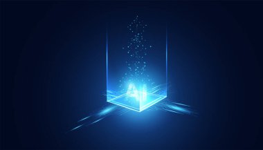 Soyut teknoloji Ai-fi Yapay Zeka kavrama makinesi Koyu mavi arka planda gelecek için derin öğrenme fütüristik dijital.