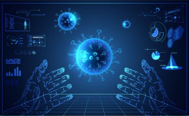 Tıbbi tıp için soyut arayüz laboratuvarı ve örgü virüsü enfeksiyonu Covid-19, Coronavirus, Sars hastalığı, SARS-CoV-2 hastalık konsepti araştırma bilgileri mavi arka planda tedavi için.