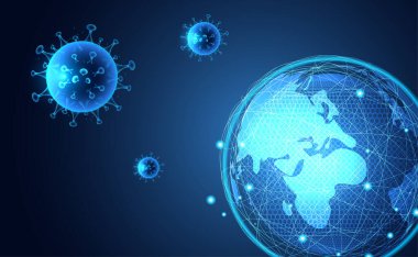 Soyut ağ virüsü enfeksiyonu Covid-19, Coronavirus, Sars hastalığı, SARS-CoV-2 hastalık konsepti virüsü mavi arka planda dünyaya yayıldı.