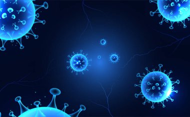 Soyut ağ virüsü enfeksiyonu Covid-19, Coronavirüs, Sars hastalığı, mavi arka planda SARS-CoV-2 hastalığı