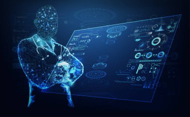 Soyut Doktor wirefram dijital sağlık tıbbi bilim konsepti modern tıp teknolojisi, tedavi, tıp sağlık ve arayüz laboratuvarları dönüşümü çevrimiçi kliniği. Web tasarım illüstrasyonu