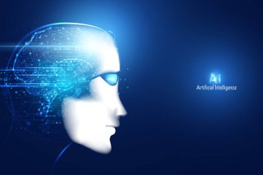 Soyut akıllı yapay zeka dijital fütüristik teknoloji yüz ve beyin teli mavi konsept ai insansı baş sinirsel ağ düşünce, bilgi, analiz, sibernetik akıl, büyük veri