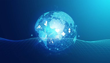 Soyut sağlık bilimi sağlık sağlık ikonu dijital teknoloji bilim ve dünya. 