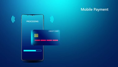 Soyut cep telefonu ve kredi kartı konsepti Online ödeme ekipmanları ve alışveriş için kredi kartları.
