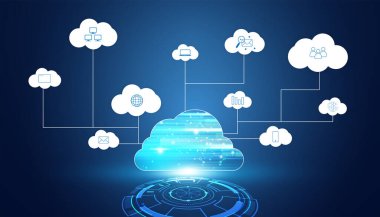Büyük veri ve simge konseptine sahip soyut bulut teknolojisi. Bulutta veri toplayarak yüksek teknoloji arka planında büyük veri depolama sistemlerine sahip..