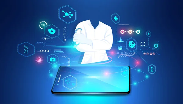 The hologram doctor shows from the phone Medical data analysis In visual form Modern future,Medicine that uses artificial intelligence ,Diagnosis by phone With the advice of a medical professional .