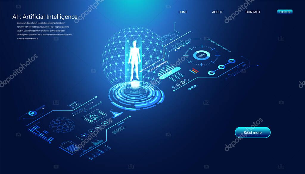 Abstract technology Ai interface computing concept working data of Artificial intelligence and futuristic digital for future on dark blue background.