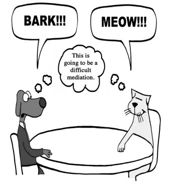 Bir kedi ve köpek bir anlaşmazlık arabuluculuk.