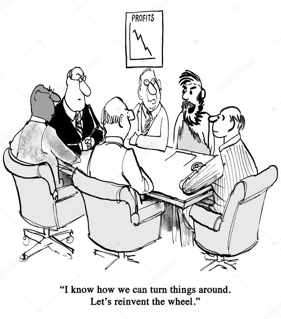 Caveman offers a new product idea in a board meeting