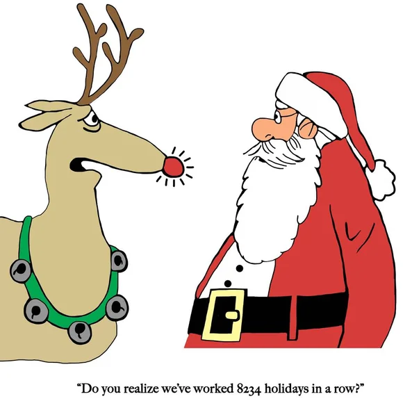 一只驯鹿向圣诞老人抱怨说 他整个假期都在工作 — 图库照片
