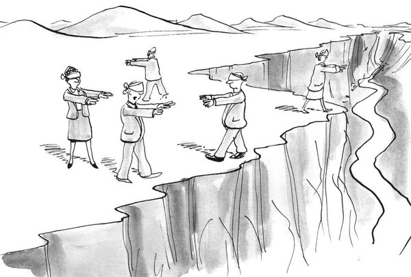 Team of corporate management wanders blindly along a cliff without leadership