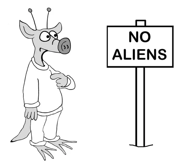 Space Alien Sees Sign Keeps Him Out Country — Stock Photo, Image