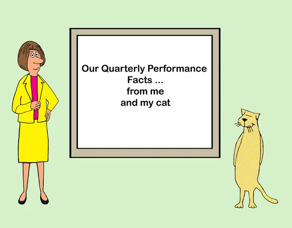 Woman and cat present quarterly numbers — 스톡 사진