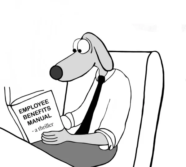 Dog employee reads benefits manual