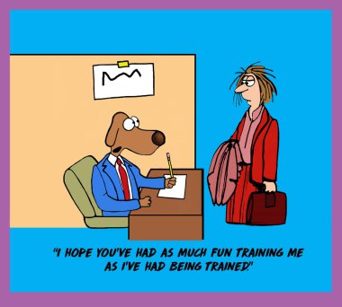 Bir iş köpeğinin renkli karikatürü eğitimleri için iş kadınına teşekkür ediyor.