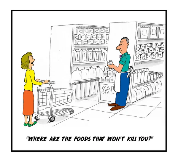 Cartoon Woman Shopping Grocery Store Asking Clerk Foods Kill You — Stock Photo, Image