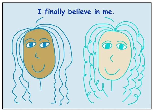 两个微笑的 美丽的 多种族的女人的彩色漫画说我终于相信我了 — 图库照片