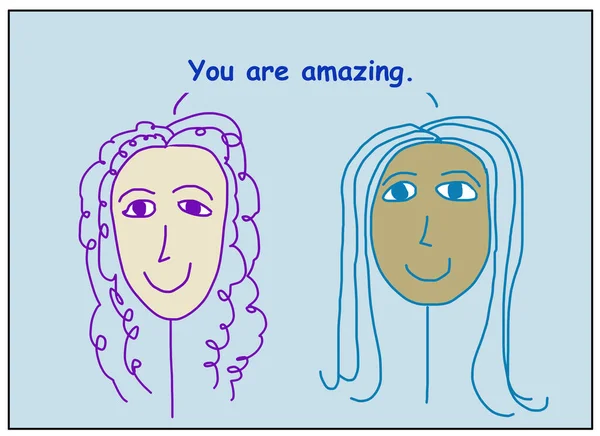 Χρώμα Κινουμένων Σχεδίων Δύο Χαμογελαστές Όμορφες Εθνικά Ποικίλες Γυναίκες Δηλώνοντας — Φωτογραφία Αρχείου