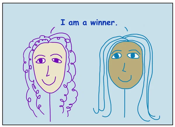 Цветная Карикатура Двух Улыбающихся Красивых Этнически Разнообразных Женщин Заявляющих Победитель — стоковое фото