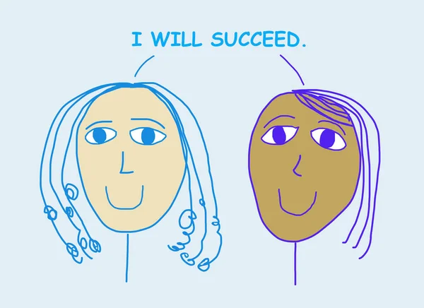 二つの笑顔の色の漫画 美しい 私は成功すると述べ民族的に多様な女性 — ストック写真