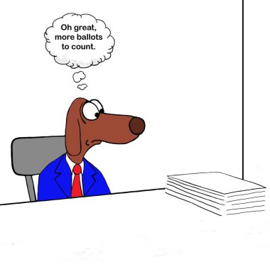 Renkli bir köpek çizgi filmi. Bir yığın oy pusulasına bakıp 