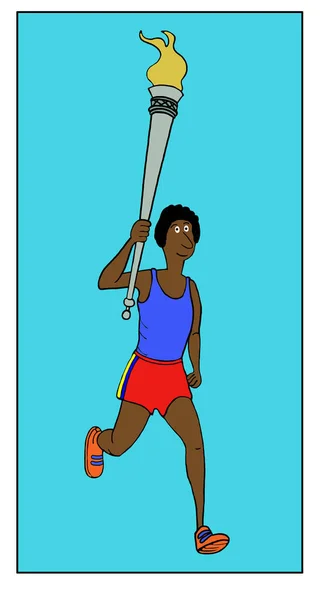 Färg Tecknad Afroamerikansk Kvinna Som Kör Och Bär Olympisk Fackla — Stockfoto