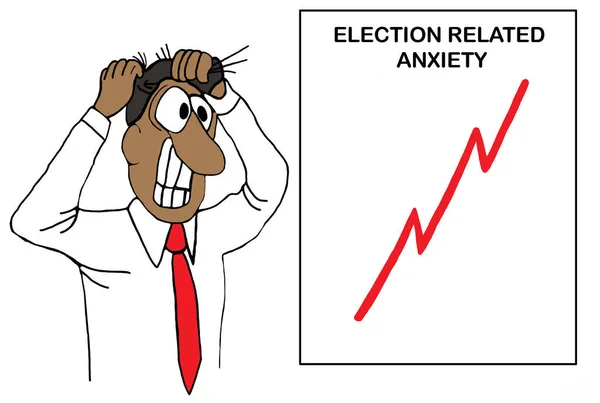 選挙の不安のために髪を抜くアフリカ系アメリカ人の男性を示すカラー漫画 壁のチャートは不安の彼のレベルを示しています — ストック写真