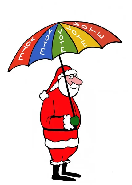 Color Cartoon Santa Claus Holding Umbrella Reads Vote — Stock Photo, Image