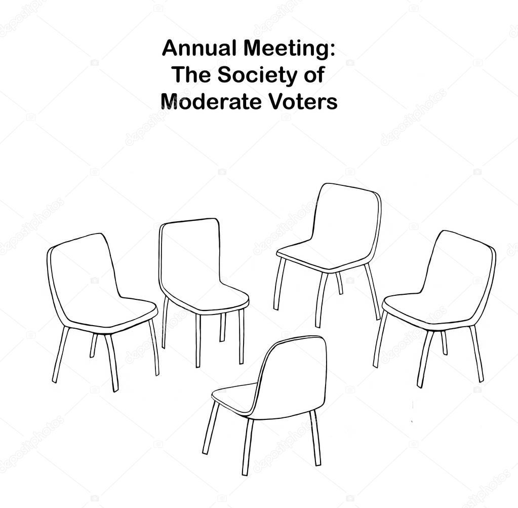 Cartoon showing empty chairs at the Annual Meeting of the Society of Moderate Voters.